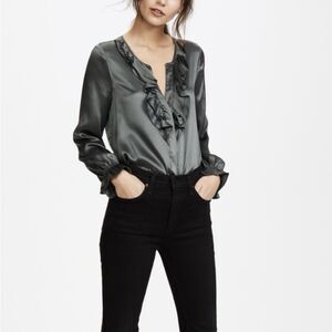 Joie 100% Silk Jayanne Ruffle Blouse Inky Green Sz XS Romantic Dark Academia